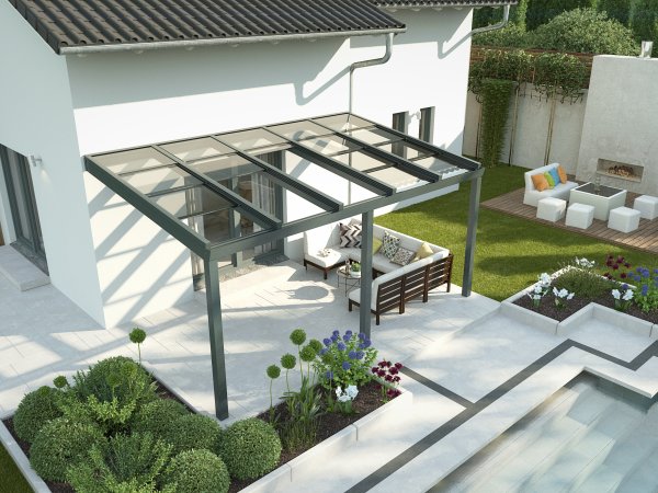 Das hochwertige Frimey Terrassendach Bad Homburg mit innovativer Schiebedach Technologie aus Aluminium.
