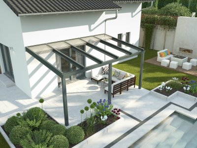 Das Terrassendach Bad Homburg von Frimey kann das VSG Glasdach nach Bedarf öffnen, um so eine angenehme Luftzirkulation herzustellen.