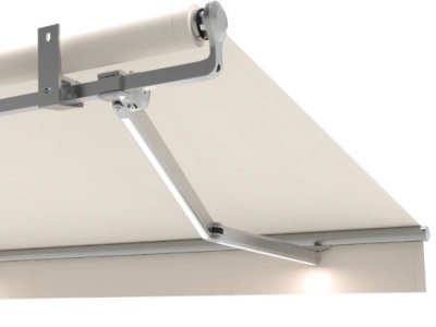Die stabile Gelenkarmmarkise Areia 7040 von Hella mit dimmbaren LED Markisenarmen.