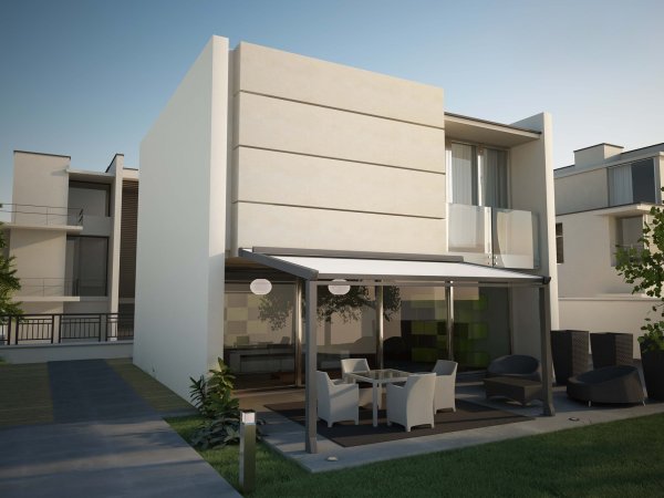 Die innovatiove Pergola Sintesi von Hella direkt am Haus, in einem schlichten Design mit neuster Technik.