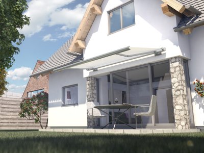 Die Kassettenmarkise Cleo 7030 von Hella an einem Einfamilienhaus mit Garten und Terrasse.