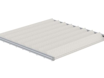 Waagrecht montierte Plafond-Anlage mit federgespannten Lamellen zwischen 2 Schienen.