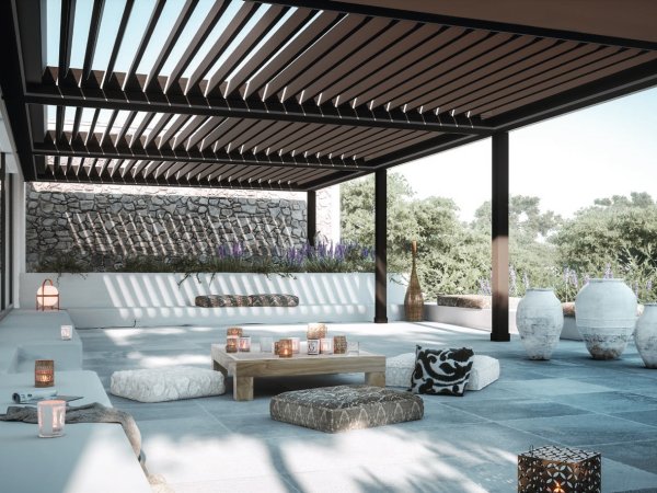 Die bioklimatische Pergola Ventur von Hella bietet ein regenfestes Dach auch Aluminium Lamellen und schützt Sie vor Wind und Wetter.