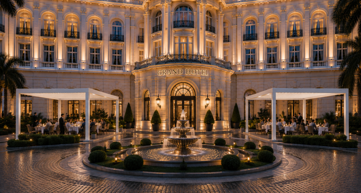 Die Pergolux Überdachungen vor einem Hotel mit drehbaren Lamellen, bei Frimey GmbH.
