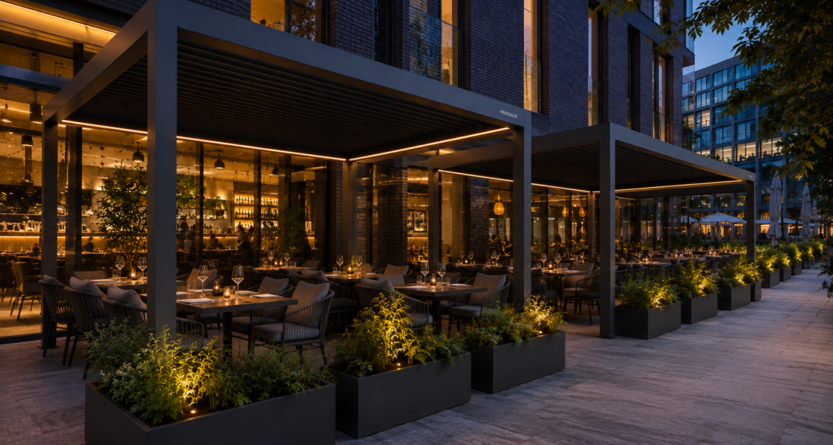 Das Lamellendach von Pergolux als Überdachung der Terrasse eines Restaurants, bei Frimey GmbH.