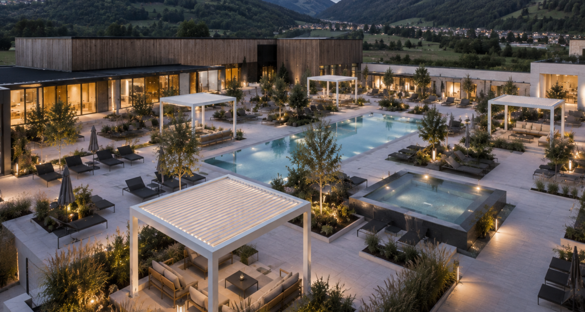 Das Lamellendach von Pergolux im Außenbereich eines SPA-Resorts als Sonnenschutz, bei Frimey GmbH.