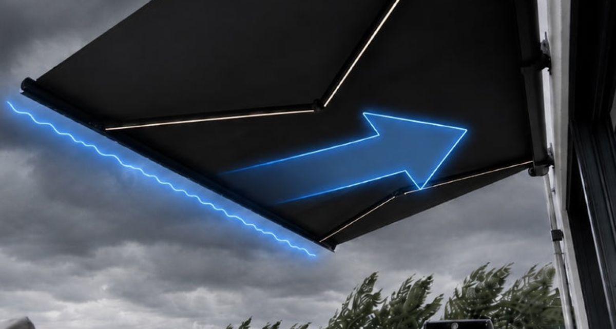 Die Pergolux Markise mit Windsensor,w elche bei aufkommenden Wind die Markise automatisch einfahren lässt, bei Frimey GmbH.