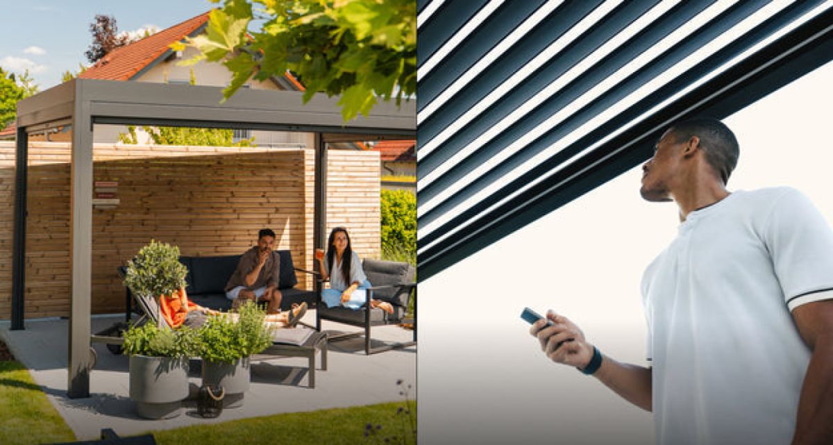 Das elektrisch bedienbare Lamellendach S4 Pergola von Pergolux mit integrierten Elektromotor, bei Frimey GmbH.