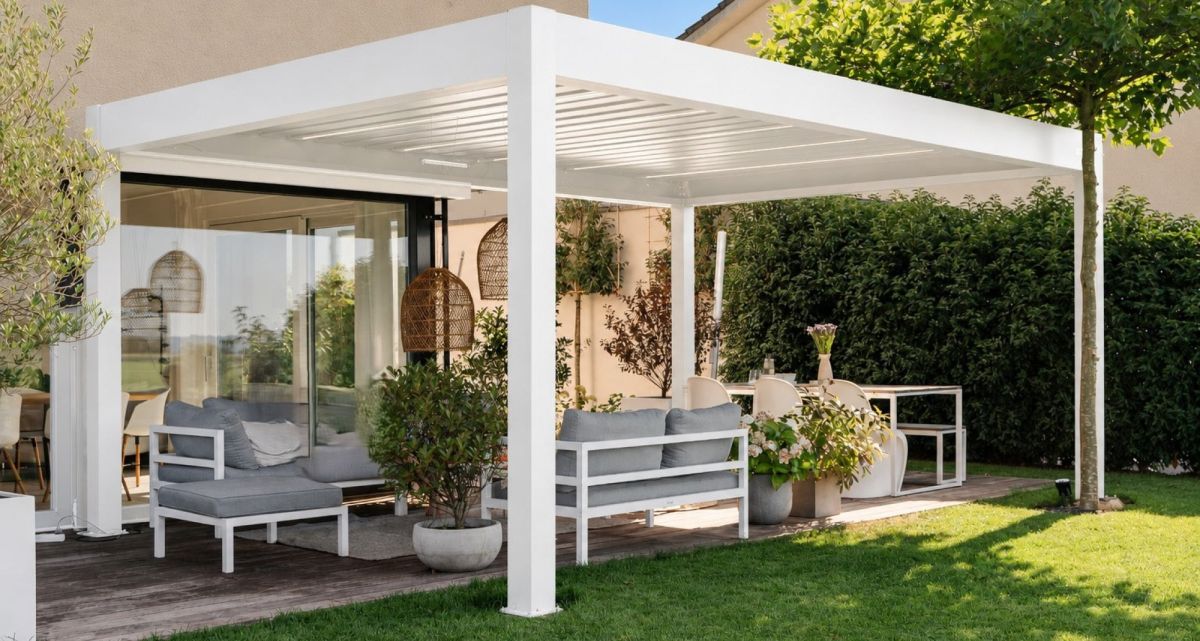 Das Lamellendach Pergola S4 Pro Max von Pergolux als freistehende Insel direkt am Haus, bei Frimey GmbH.