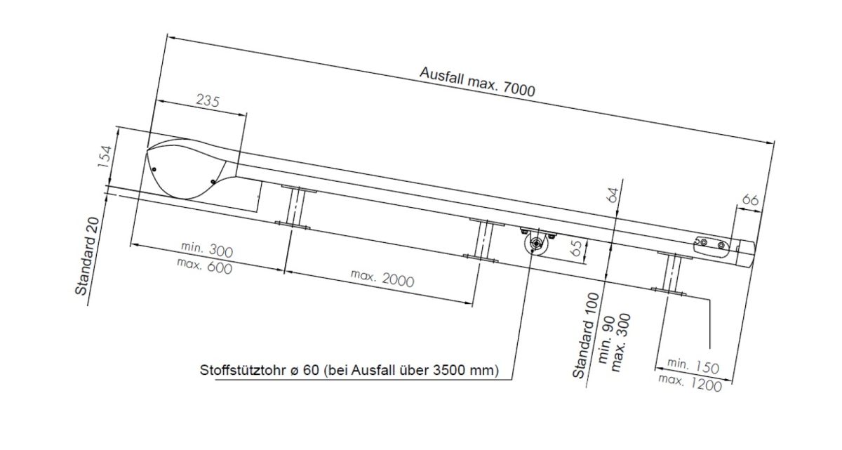 Die technische ZEichnung der WIntergratenmarkise XLINE R154 von WOundWO, bei Frimey GmbH.