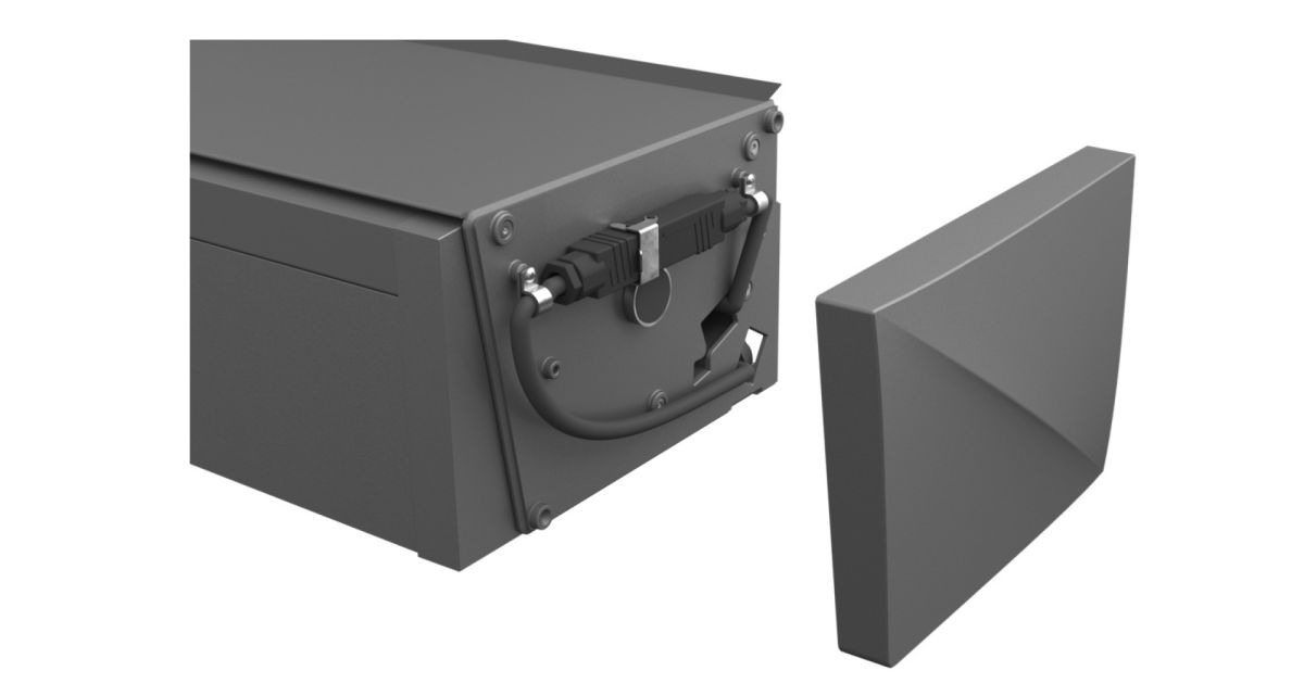 Der hochwertige eckige Kassettenmarkise Artbox von WOundWO, hat einen Seitendeckel indem die Elektrosteckverbindung verstaut werden kann, bei Frimey GmbH.