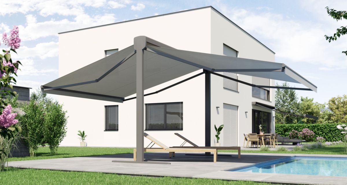 Die hochwertige Standmarkise WOundWO Winglight Compact in einem Garten als freistehender Sonnenschutz, bei Frimey GmbH.