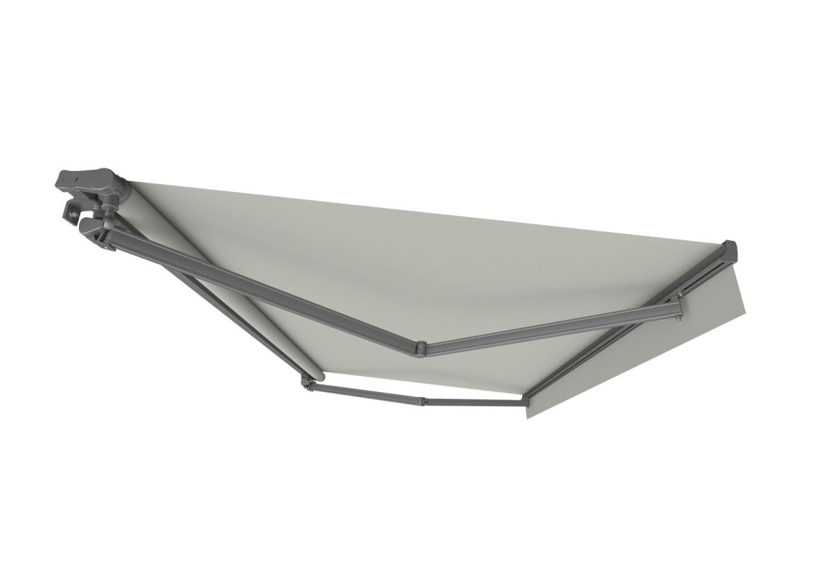 Die hochwertige Gelenkarmmarkise Swingline von WOundWO, mit geöffneten Markisentuch, bei Frimey GmbH.