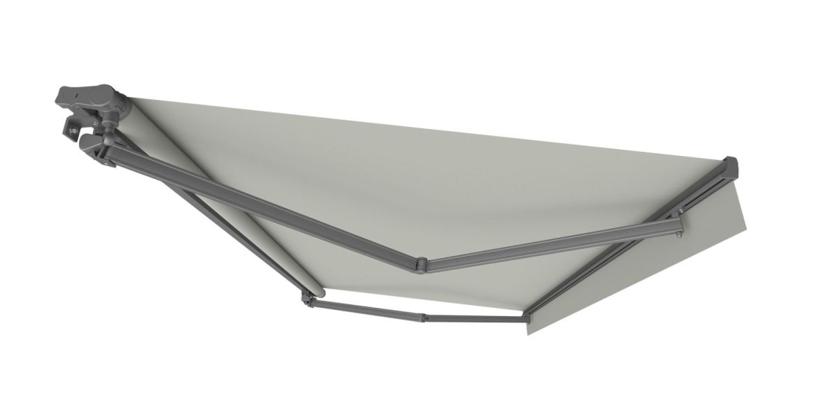 Die hochwertige Gelenkarmmarkise Swingline von WOundWO, mit geöffneten Markisentuch, bei Frimey GmbH.