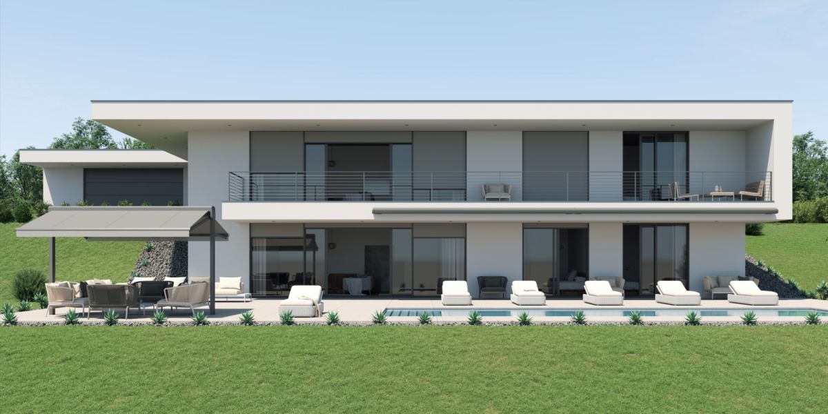 Die Design Standmarkise WOundWO Winglight Compact auf einer Terrasse als freistehender Sonnenschutz, bei Frimey GmbH.