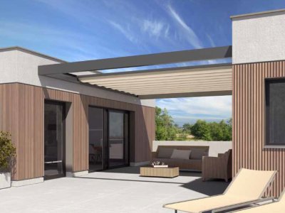 Die Klaiber Bavona Pergola als Dachmodul zwischen zwei Wänden auf einer Terrasse.
