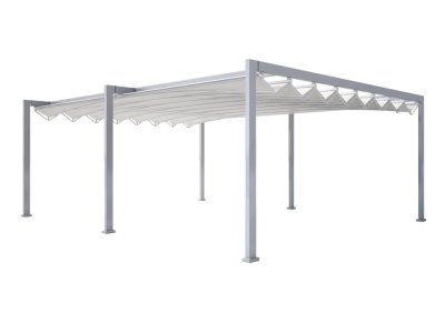 Die Gibus Mediterranea Open Fly als freistehende Pergola als Doppelmodul mit selbsttragenden Pfosten.