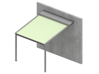 Die Pergola Hella Sintesi kann seitlich an die Hauswand montiert werden und über zwei Pfosten getragen werden.